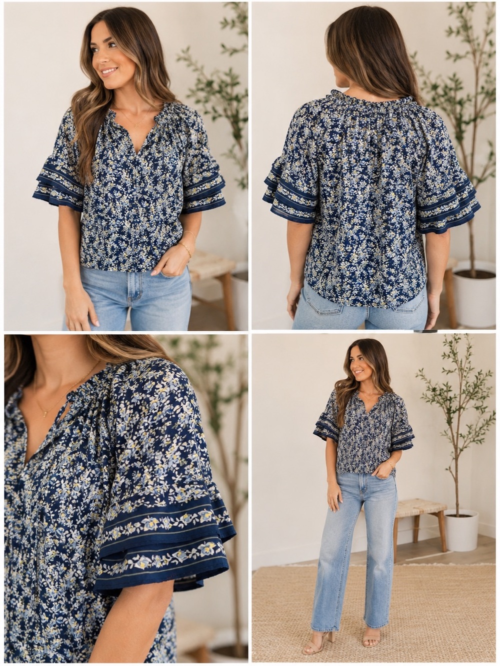 Max Studio Navy Floral Split-Neck Ruffle Sleeve Blouse